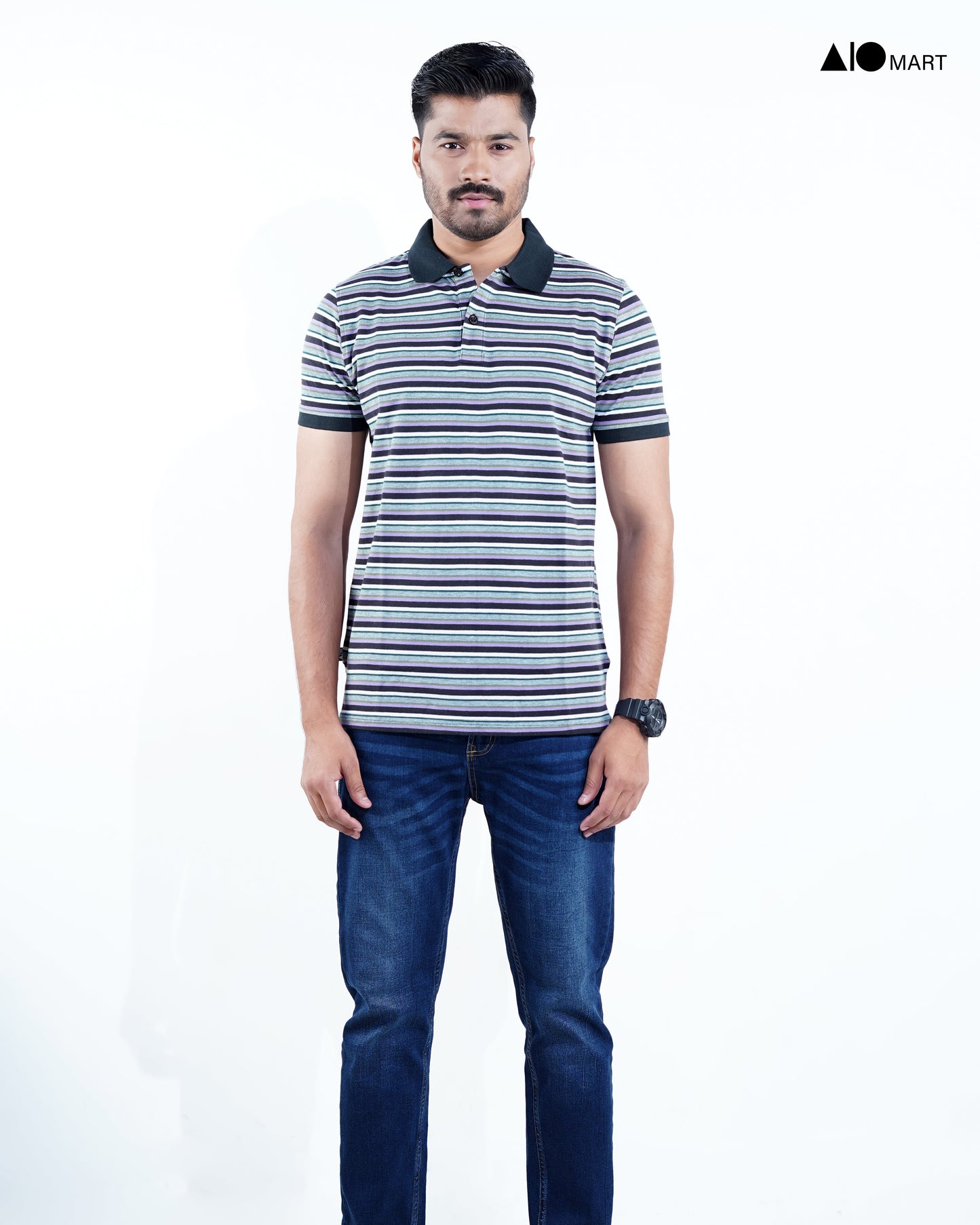 Men's Pique Cotton Polo Shirt (Black Stripe)