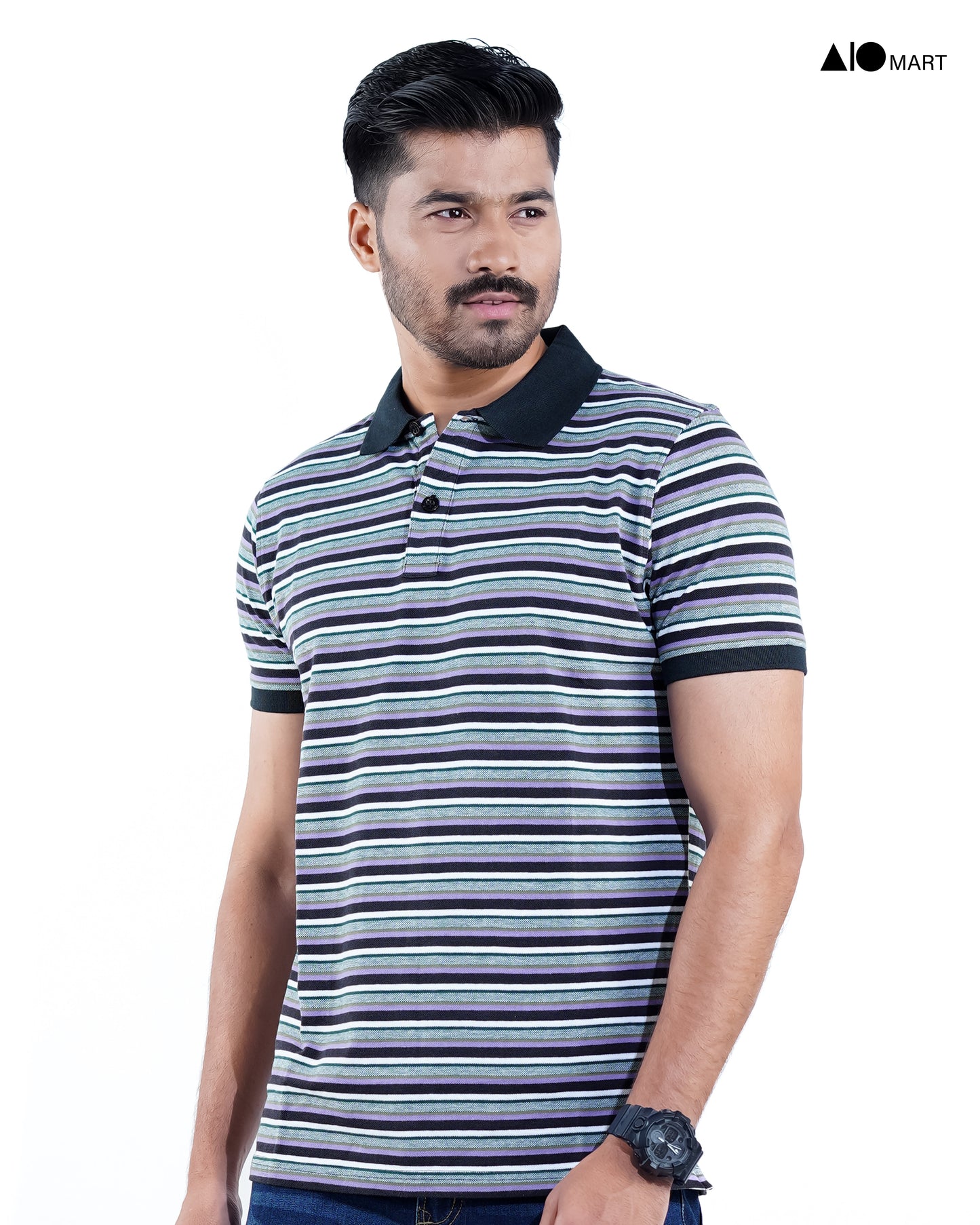 Men's Pique Cotton Polo Shirt (Black Stripe)
