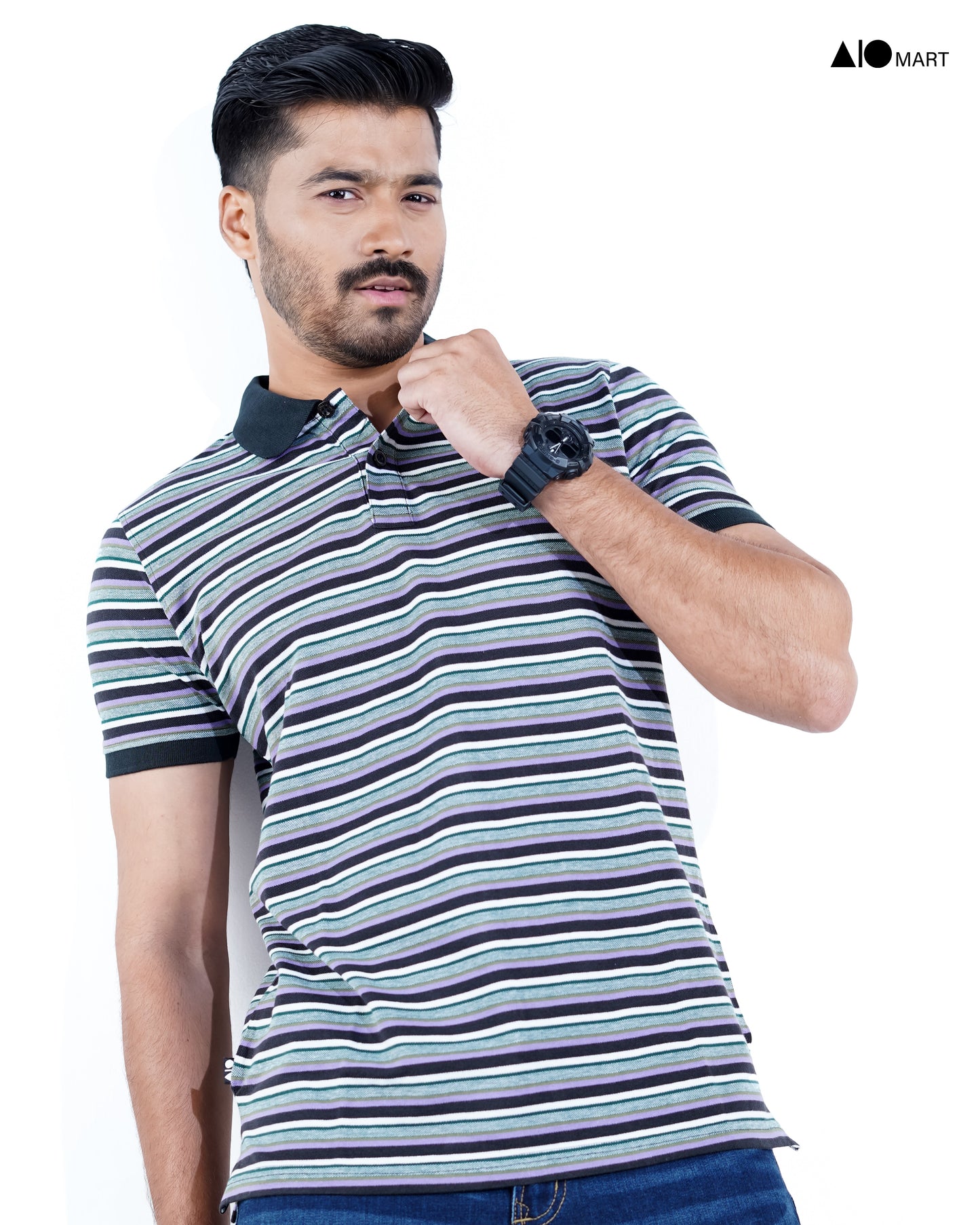 Men's Pique Cotton Polo Shirt (Black Stripe)