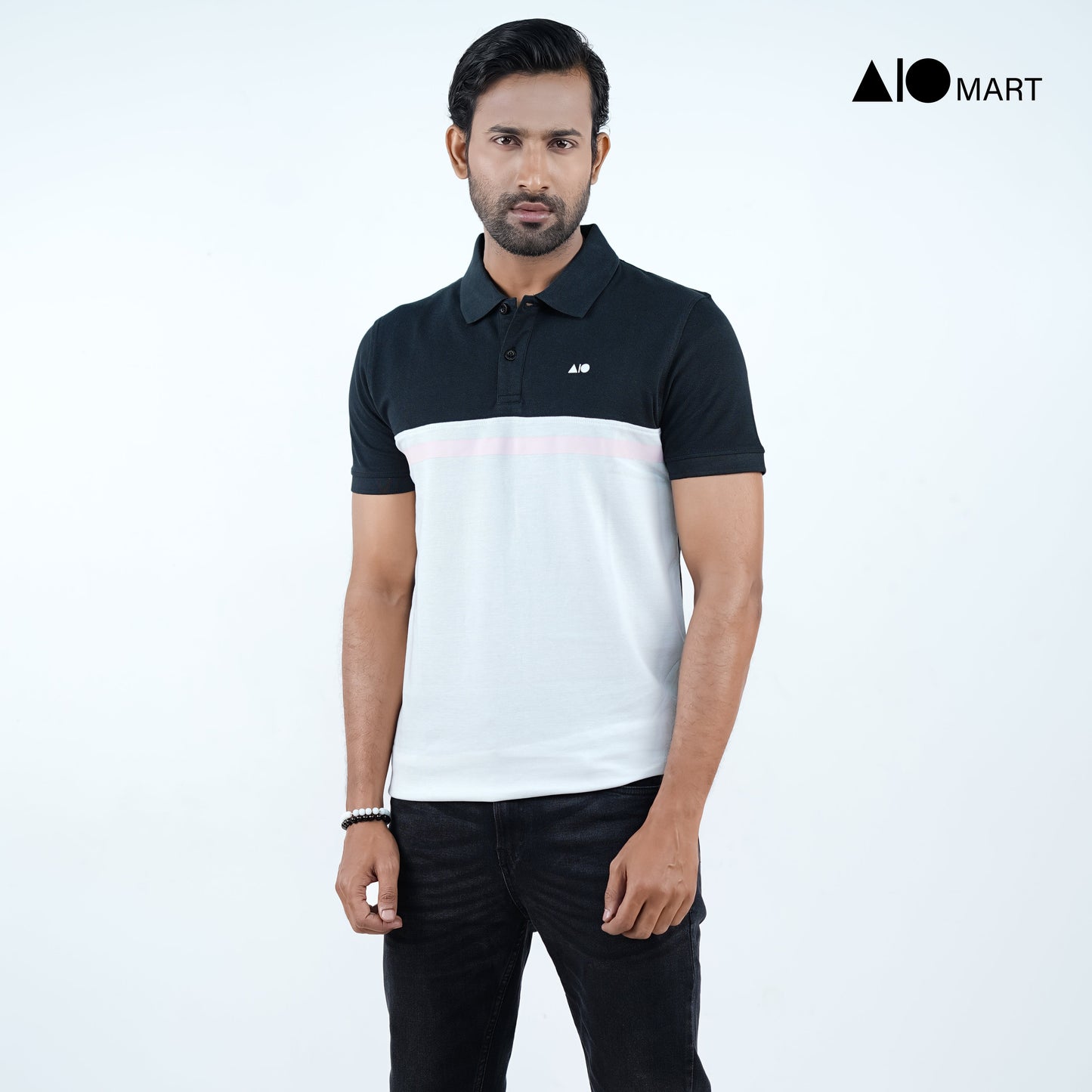 Men's Cut & Print Polo Shirt (Black & White)