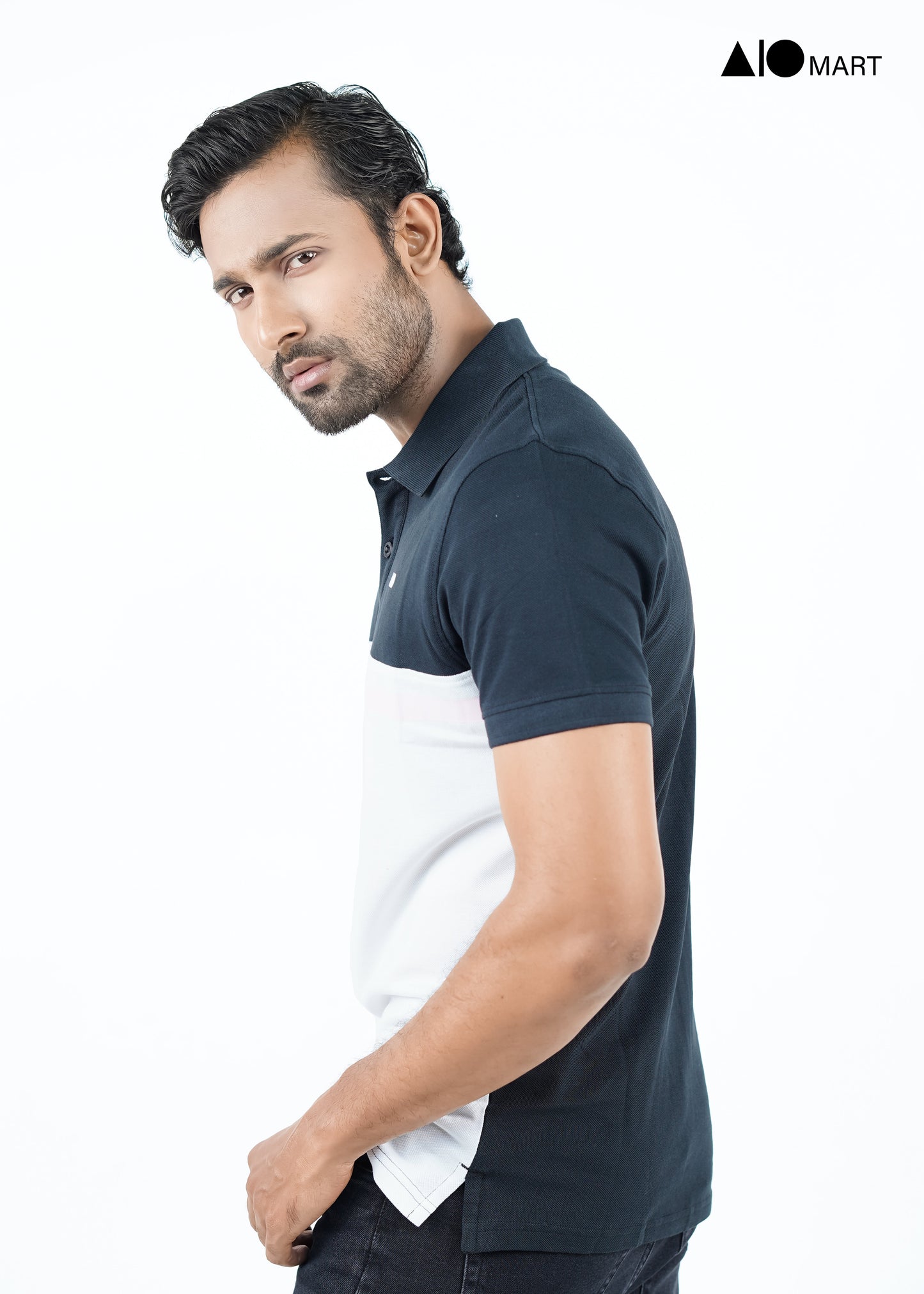 Men's Cut & Print Polo Shirt (Black & White)