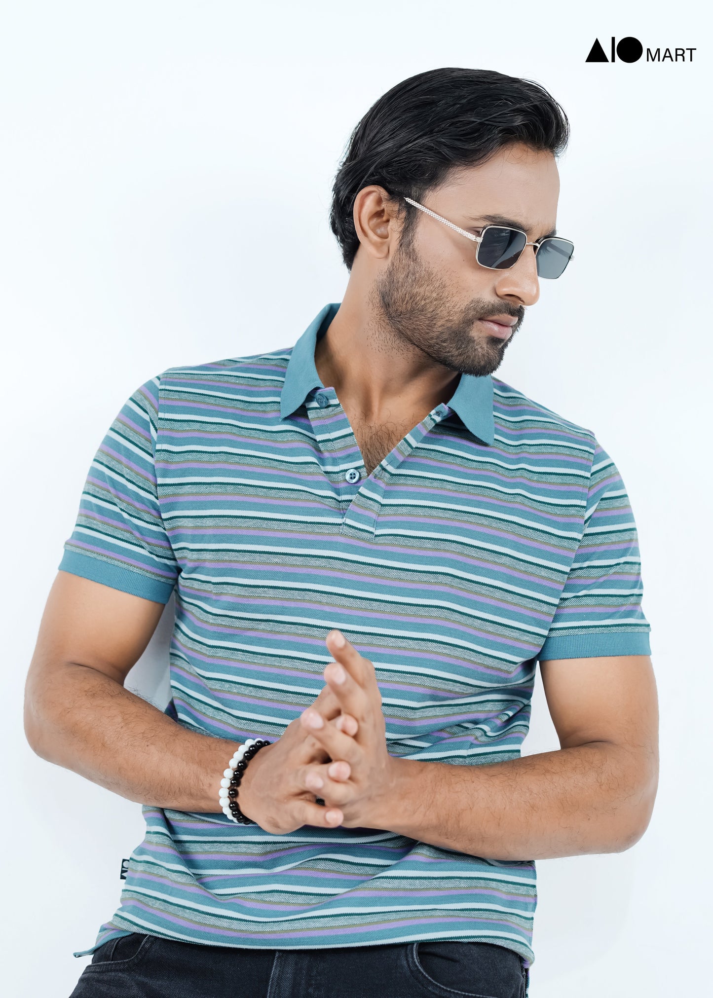 Men's Pique Cotton Polo Shirt (Sky Stripe)