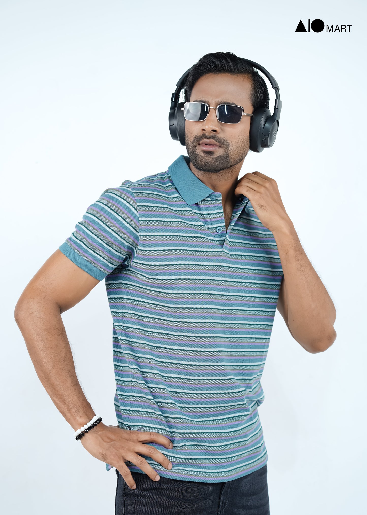 Men's Pique Cotton Polo Shirt (Sky Stripe)