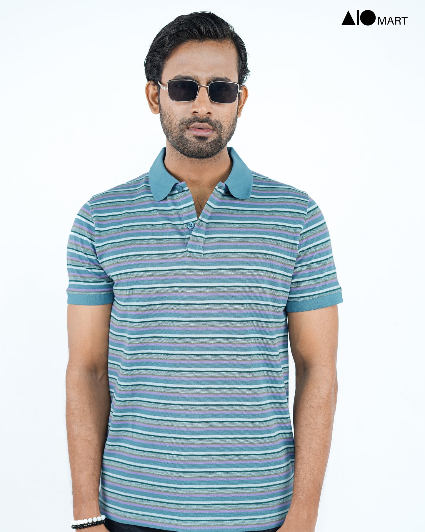 Men's Pique Cotton Polo Shirt (Sky Stripe)