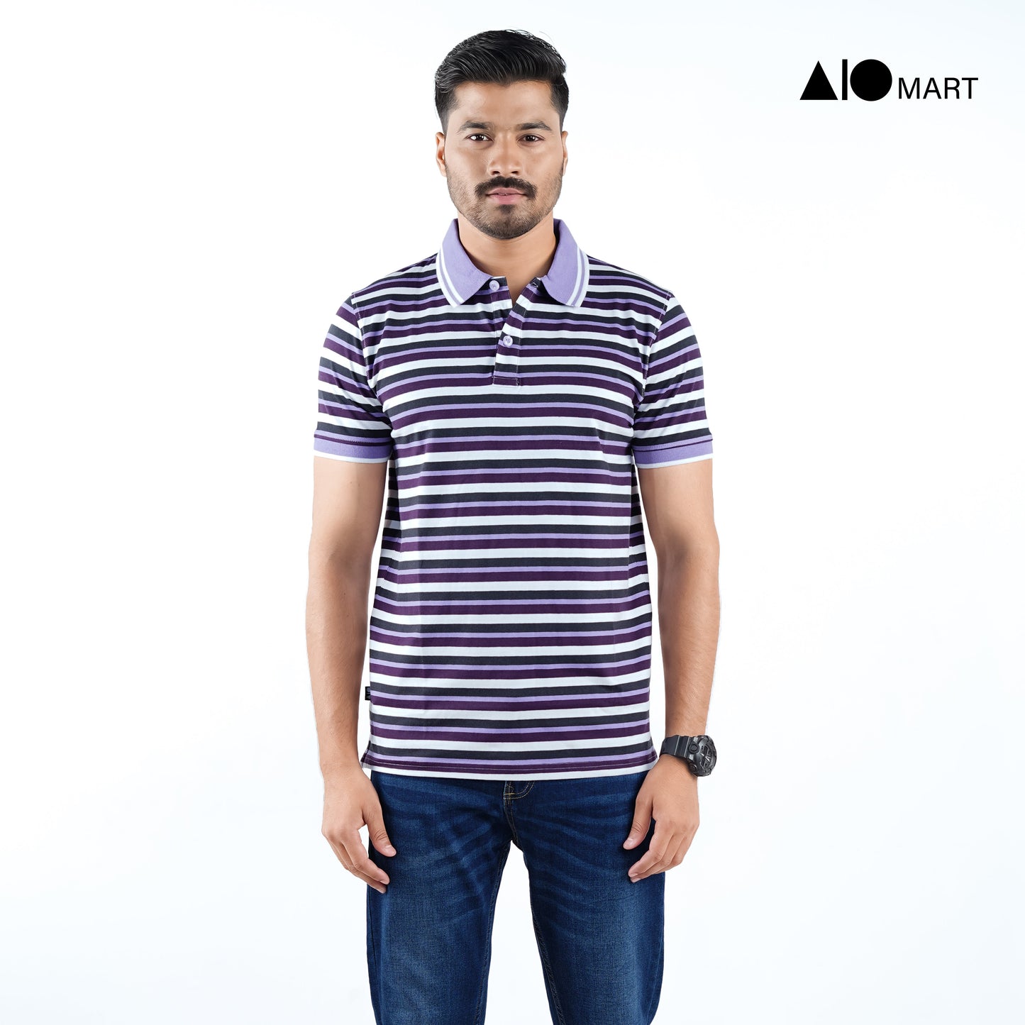Men's Pique Cotton Polo Shirt (Purple Stripe)