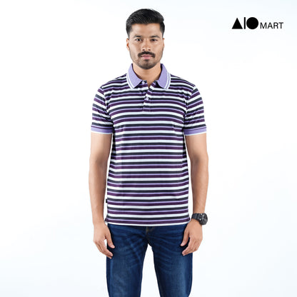 Men's Pique Cotton Polo Shirt (Purple Stripe)