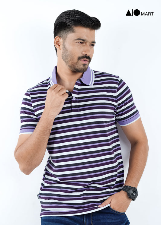 Men's Pique Cotton Polo Shirt (Purple Stripe)