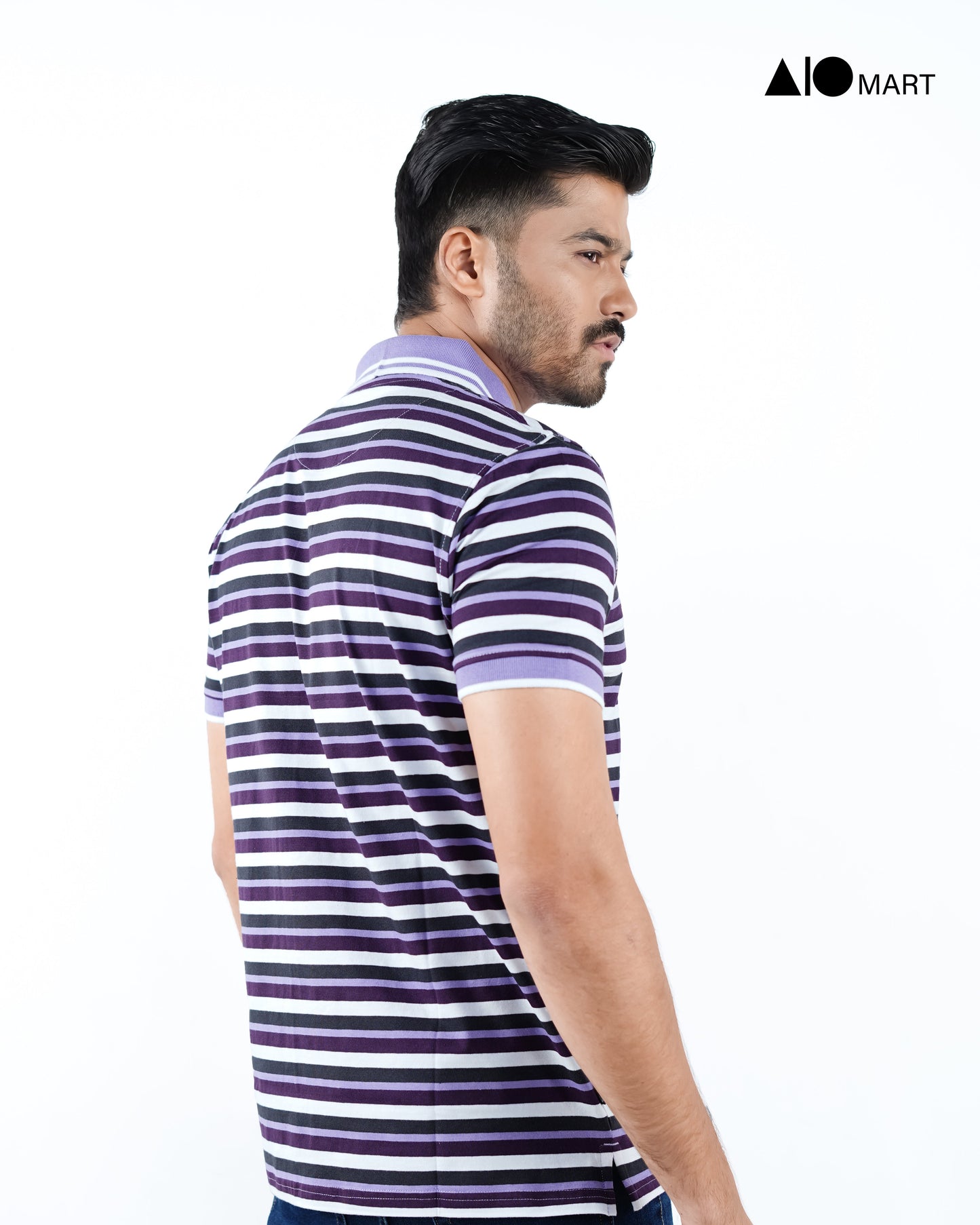 Men's Pique Cotton Polo Shirt (Purple Stripe)