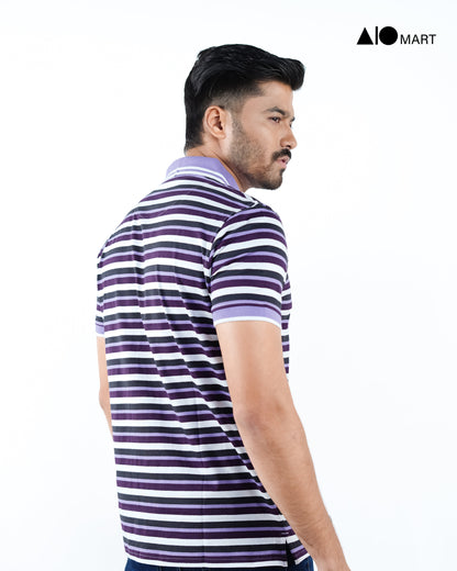 Men's Pique Cotton Polo Shirt (Purple Stripe)