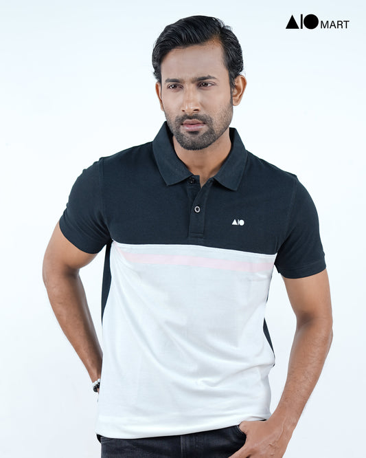 Men's Cut & Print Polo Shirt (Black & White)