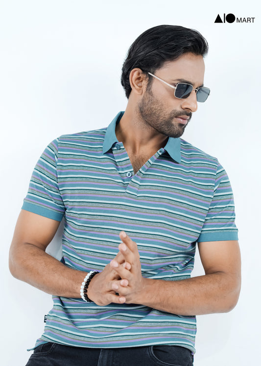 Men's Pique Cotton Polo Shirt (Sky Stripe)