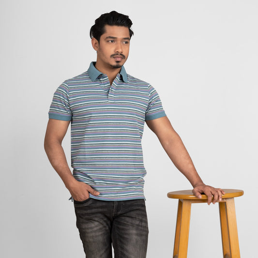 Men's Pique Cotton Polo Shirt (Sky Stripe)